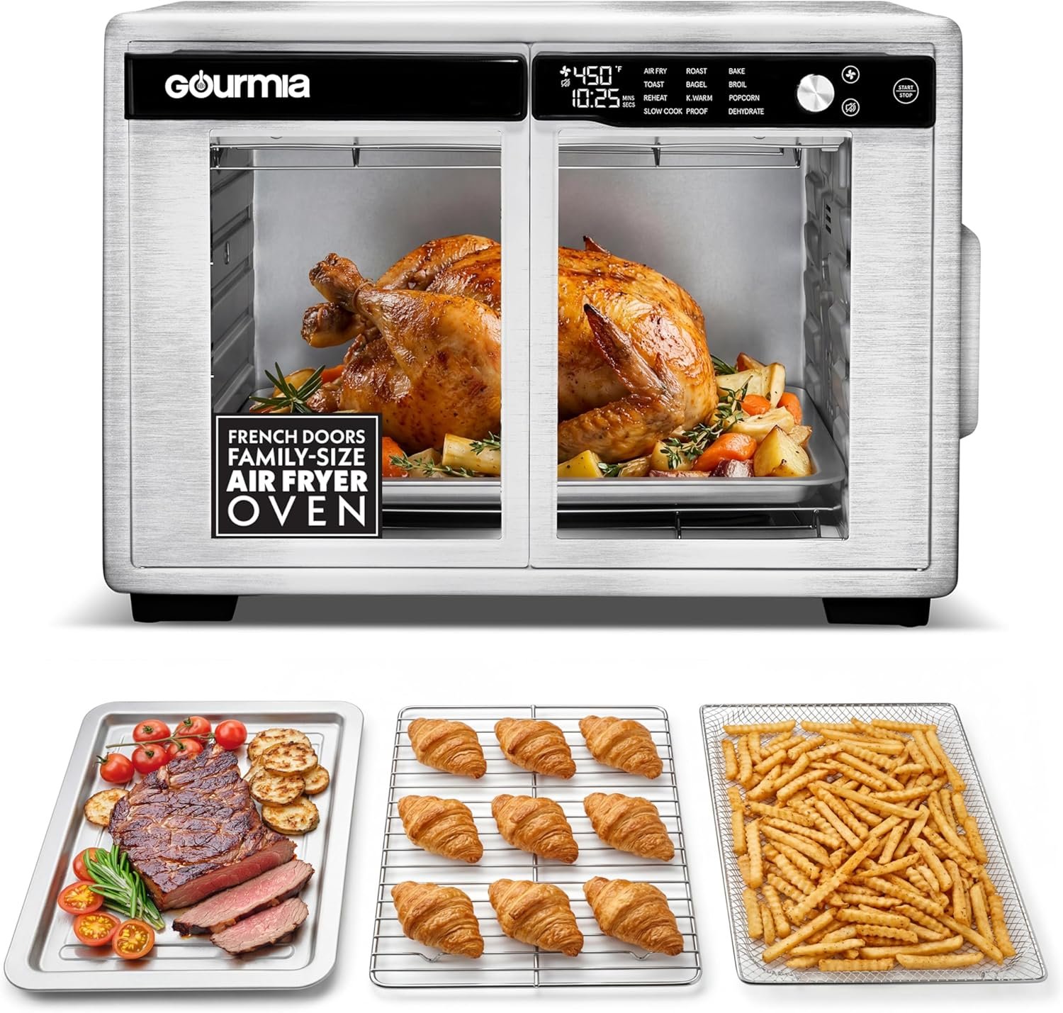 Gourmia French Door Air Fryer Oven – 37 Qt Large Capacity Convection Toaster Oven, FryForce 360°, Digital Display, 12 Cooking Presets, Dehydrate, Fits 13” Pizza, Dishwasher-Safe, Stainless Steel