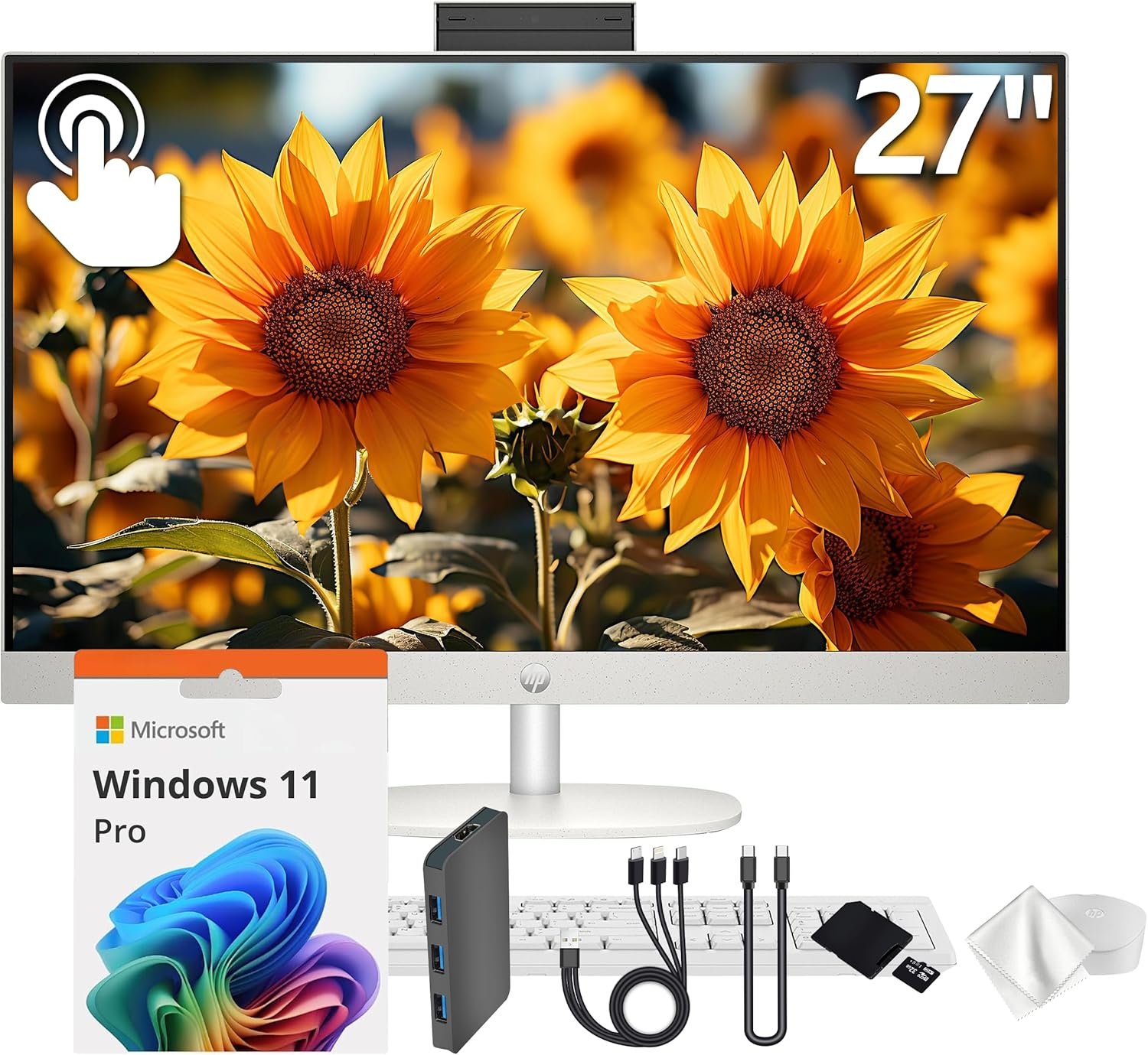 HP 27″ FHD Touchscreen All-in-One Desktop, AMD Ryzen 5 7520U, 16GB LPDDR5, 2TB Storage (1TB SSD&1TB Docking Station), FHD IR Camera, Wi-Fi 6, Wireless Keyboard & Mouse, Windows 11 Pro, White