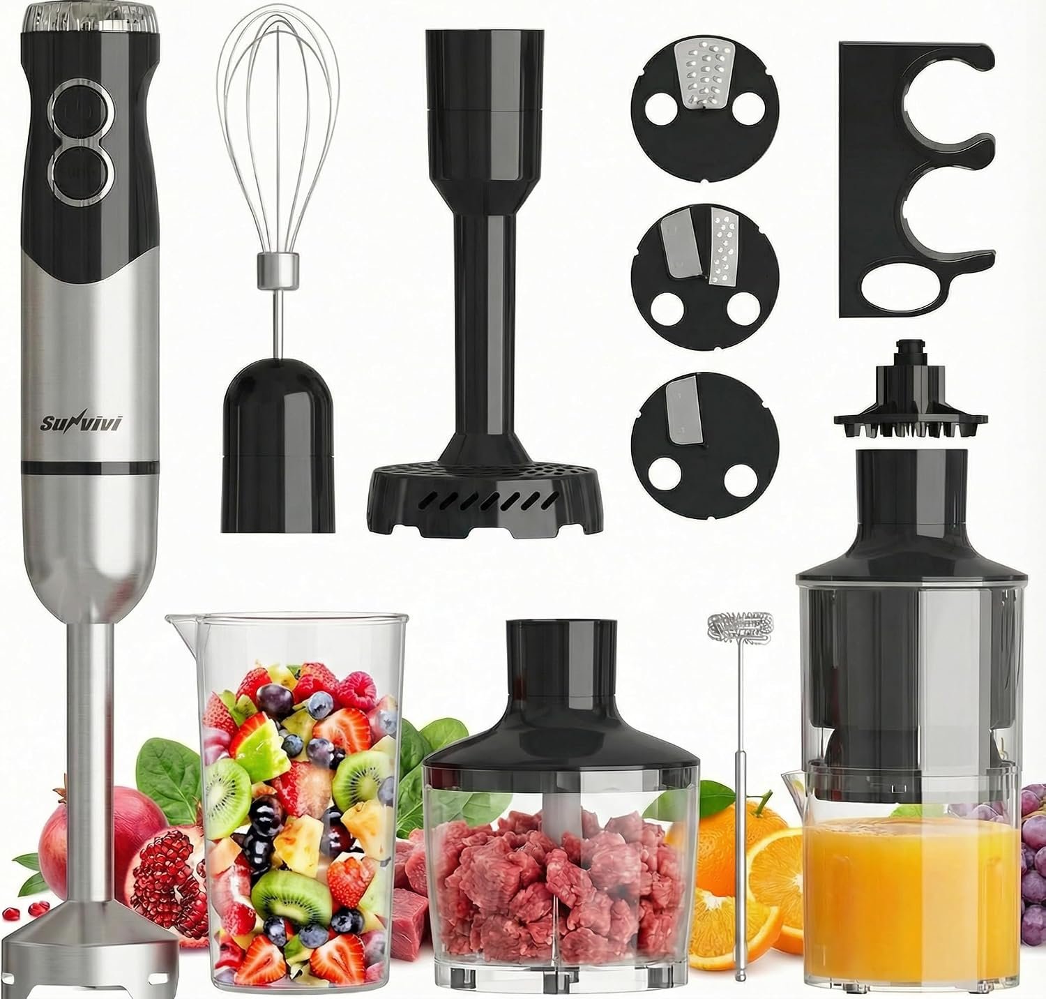 SUNVIVI 10-in-1 Immersion Blender Hand Blenders Set, 1000W Hand Stick Blender with 12-Speed, 860ml Chopper, Potato Masher, Whisk, Juicer, Frother for Soup, Baby Food and Smoothies, Black