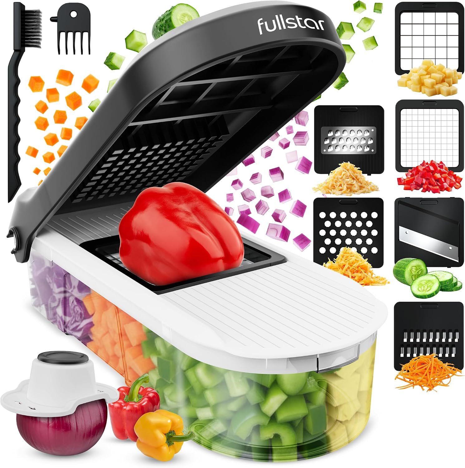 Fullstar Core Vegetable Chopper – Chop and Slice Lid – Food Chopper with Container, Veggie Chopper, Fruit Slicer, Onion Dicer – Meal Prep Essential – Kitchen Gadgets and Gifts (6-in-1, White/Black)