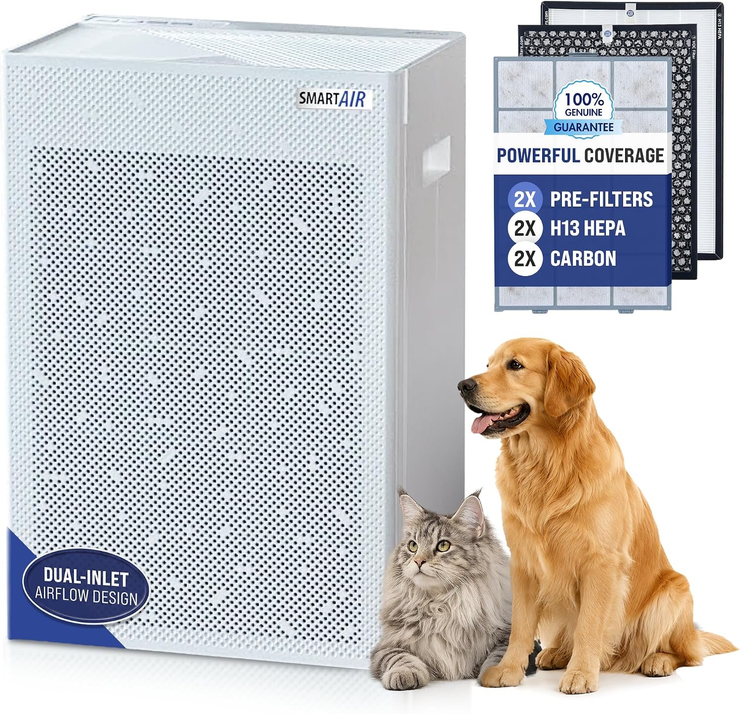 Smart Air SA600 Large HEPA Air Purifier for Pets, Cleans 2400 ft²/hr, For Homes, Offices, Dual Inlet, 2X 99.97% H13 HEPA, 2X Carbon Filters, Washable Pre-Filters for Pet Hair, Allergens,Odors,Gases