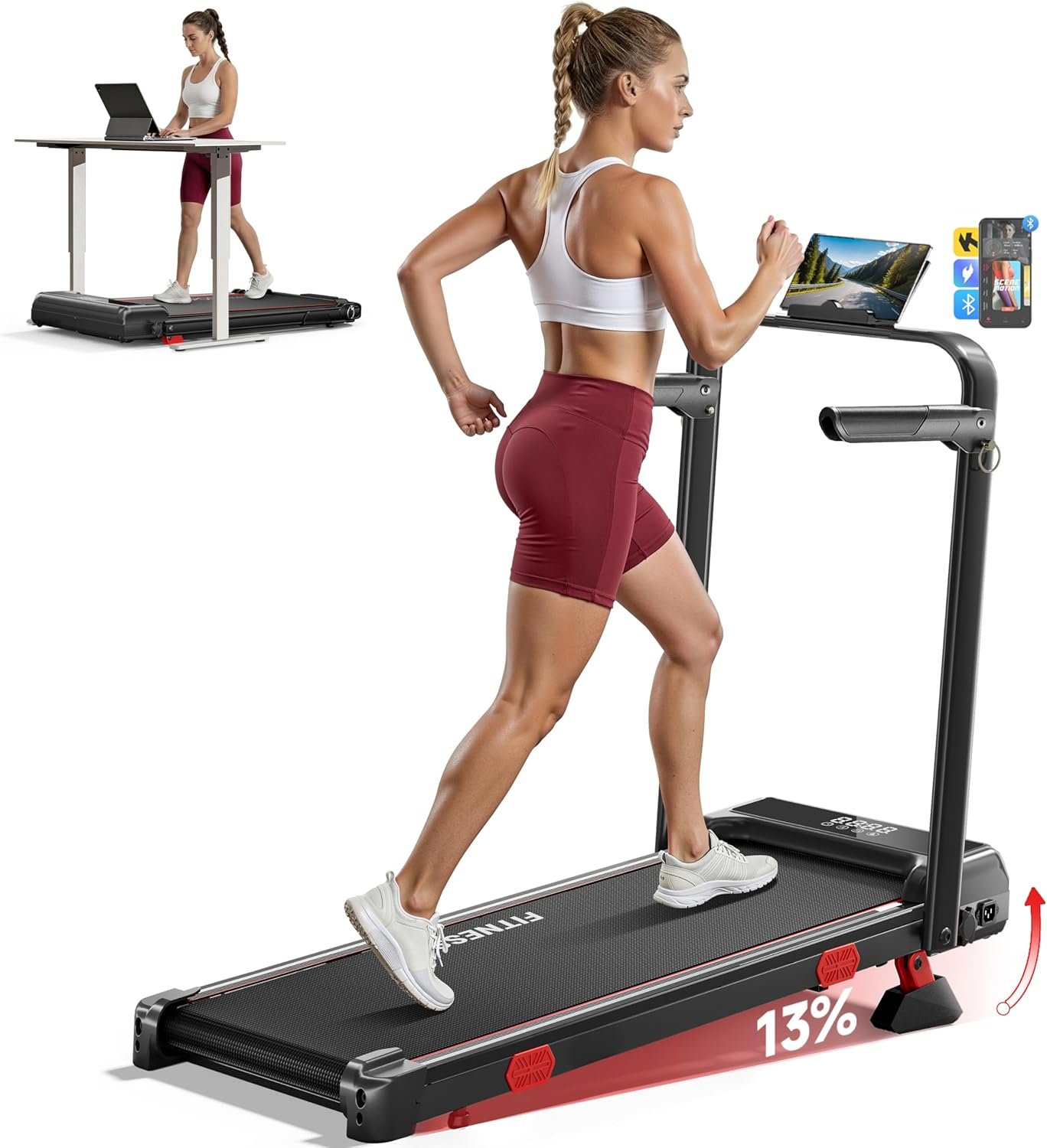 RHYTHM FUN Treadmill with Incline, Walking Pad with Handle Bar,300lbs Walking Pad with APP, Portable Folding Walking Treadmills for Home/Office with Low Noise