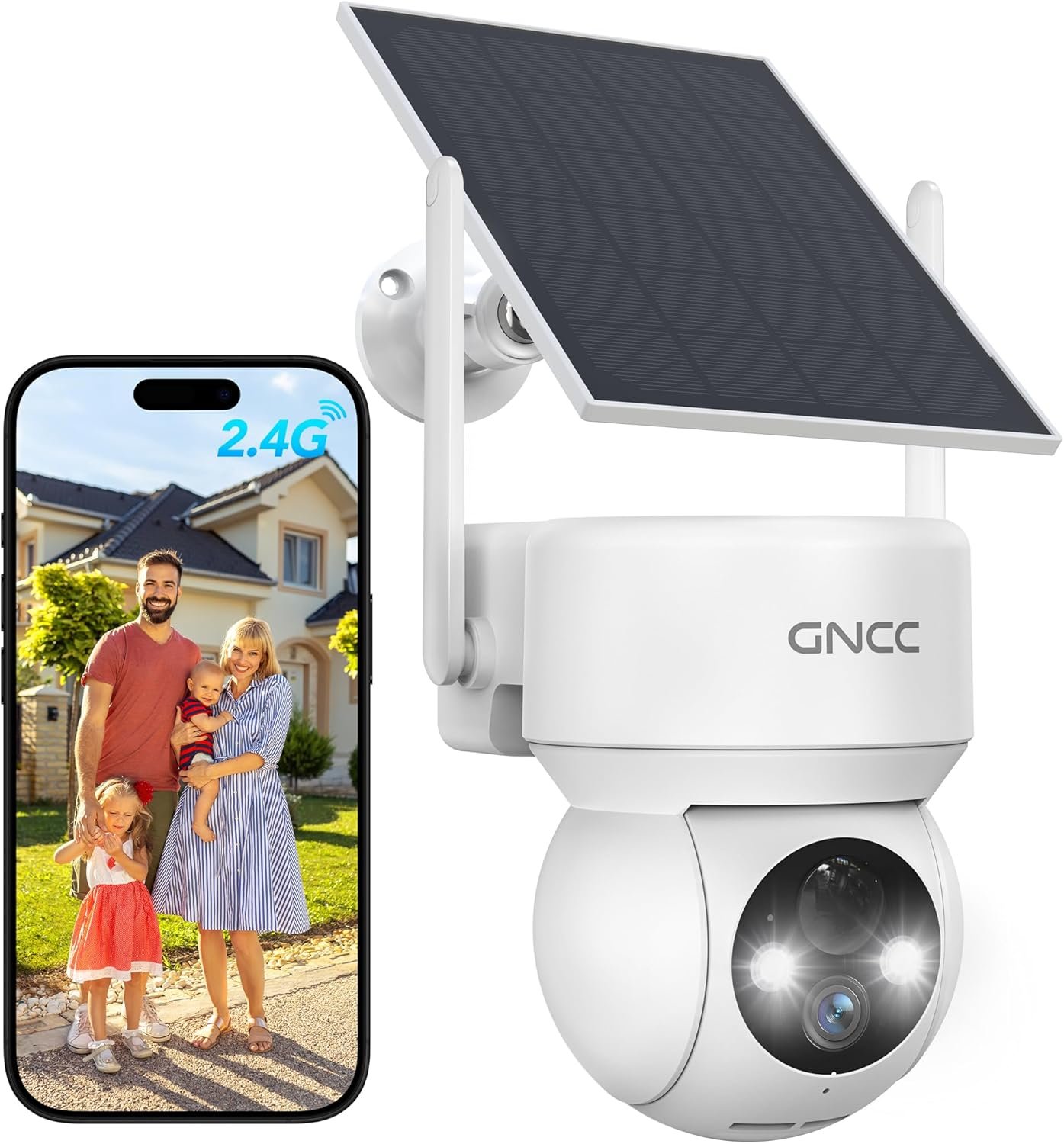 GNCC Solar Security Cameras Wireless Outdoor 2.4G WiFi, 360° View, Solar/Battery Powered, AI Human Detection, Color Night Vision, 2-Way Audio, Spotlight Siren Alarm, IP65 Waterproof, SD/Cloud Storage