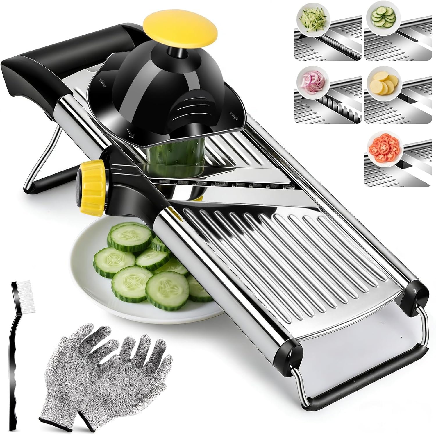 Masthome Adjustable Mandoline Food Slicer, Mandoline Slicer for Kitchen, Stainless Steel Mandolin, Fruit and Vegetable Cutter with Cut-Resistant Gloves and Cleaning Brush-Yellow