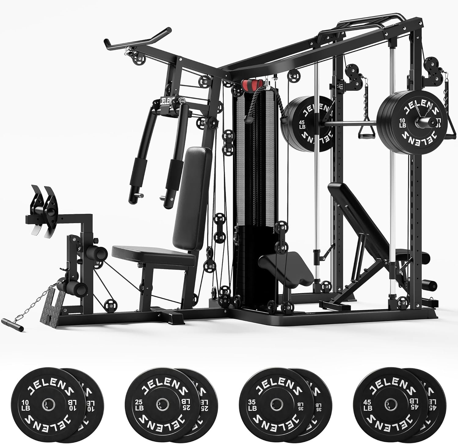 JELENS Home Gym System, 150LB Weight Stack Smith Machine with LAT Pull-Down & Leg Press, All-in-One Strength Training Equipment, Workout Station for Workout