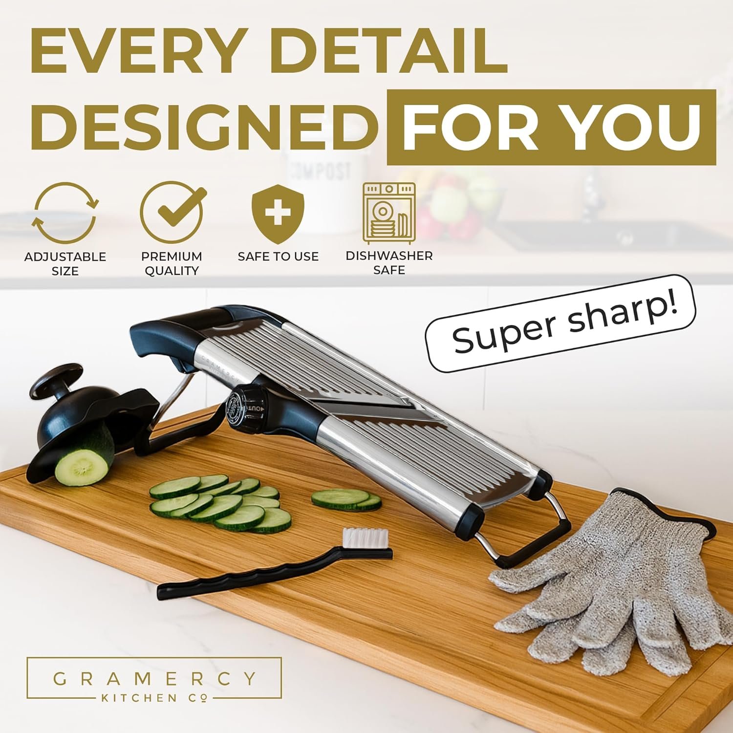 Gramercy Adjustable Mandoline Food Slicer, Mandoline Slicer for Kitchen, Mandolin, Potato, Tomato, Carrot, Vegetable, Fruit and Onion Cutter – Stainless Steel – INCLUDING 1 Pair Cut-Resistant Gloves