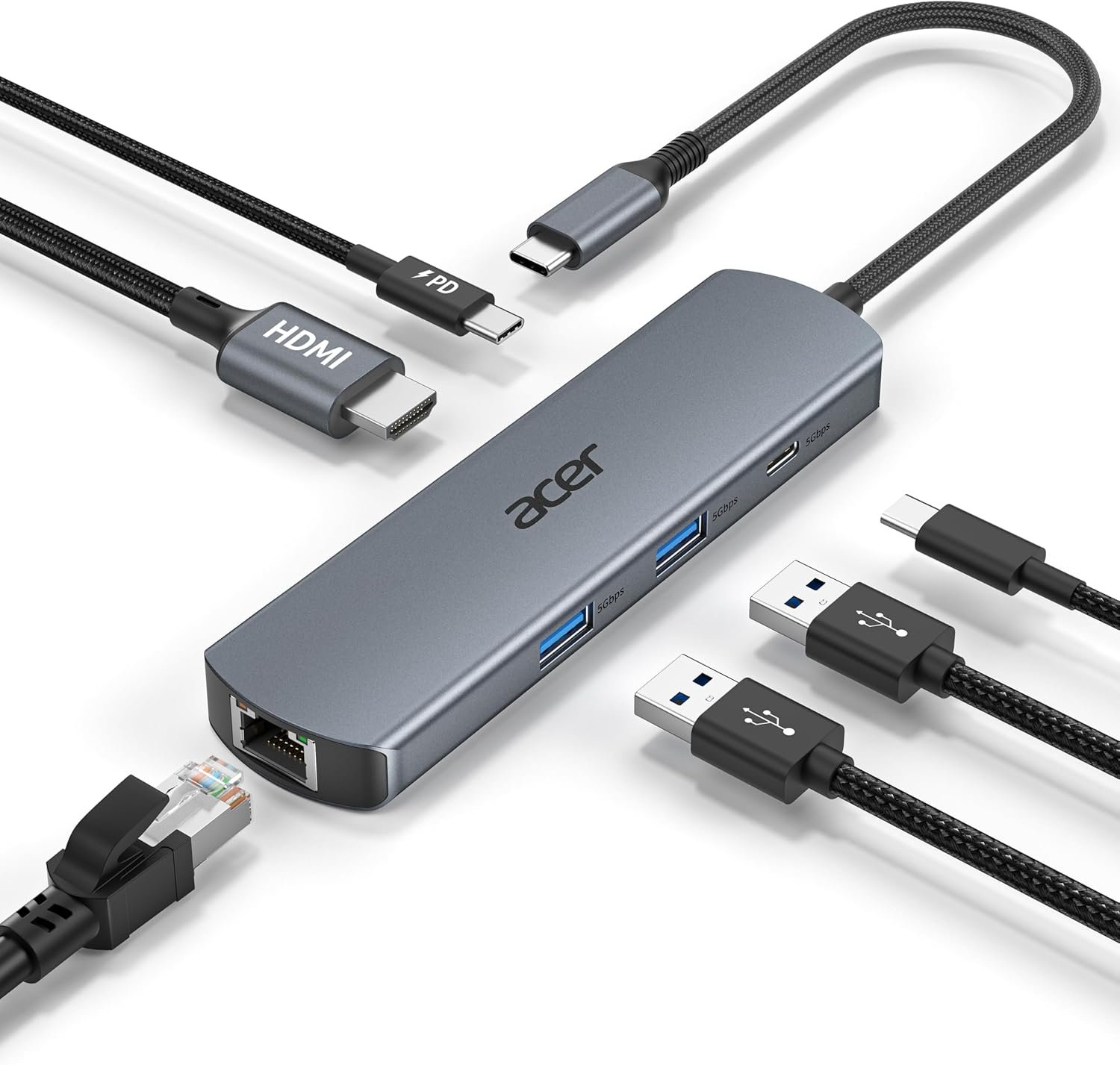 acer 6 in 1 USB C Hub with Ethernet, 4K@60Hz USBC to HDMI Multiport Adapter, 100W PD Charging, USB A/USB C Data Ports USB C Splitter for MacBook Neo/Pro M5/Air, Acer, iPad, iPhone 17/16/15