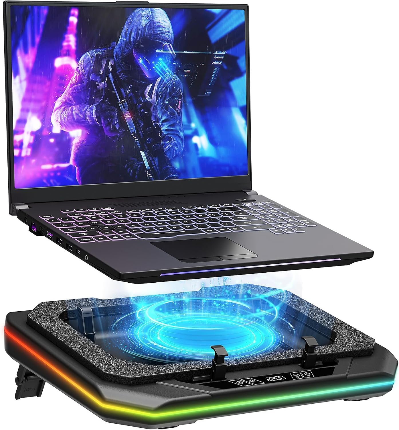 RGB Laptop Cooling Pad for 13-19″, Max 3500RPM Gaming Laptop Cooler, Laptop Fan Cooling Pad Touch Switch to Control Speed, Powerful 4.72 Inch Turbo Fan