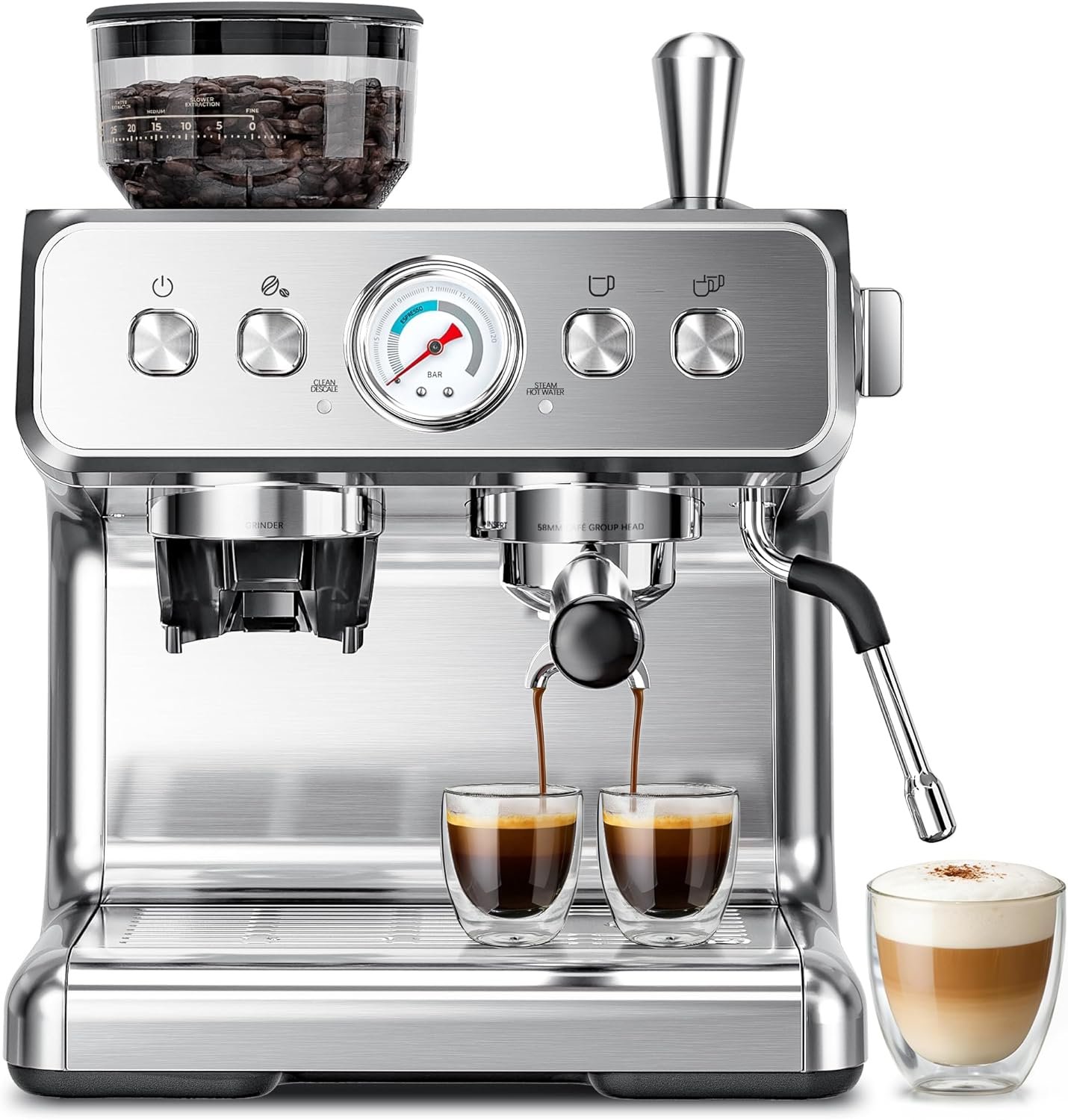 Kismile Espresso Machine with Grinder, 20 Bar Expresso Coffee Machines with Milk Frother, 58mm Expresso Machines for Home, Perfect for Cappuccino & Latte, Stainless Steel(2026 Upgrade)