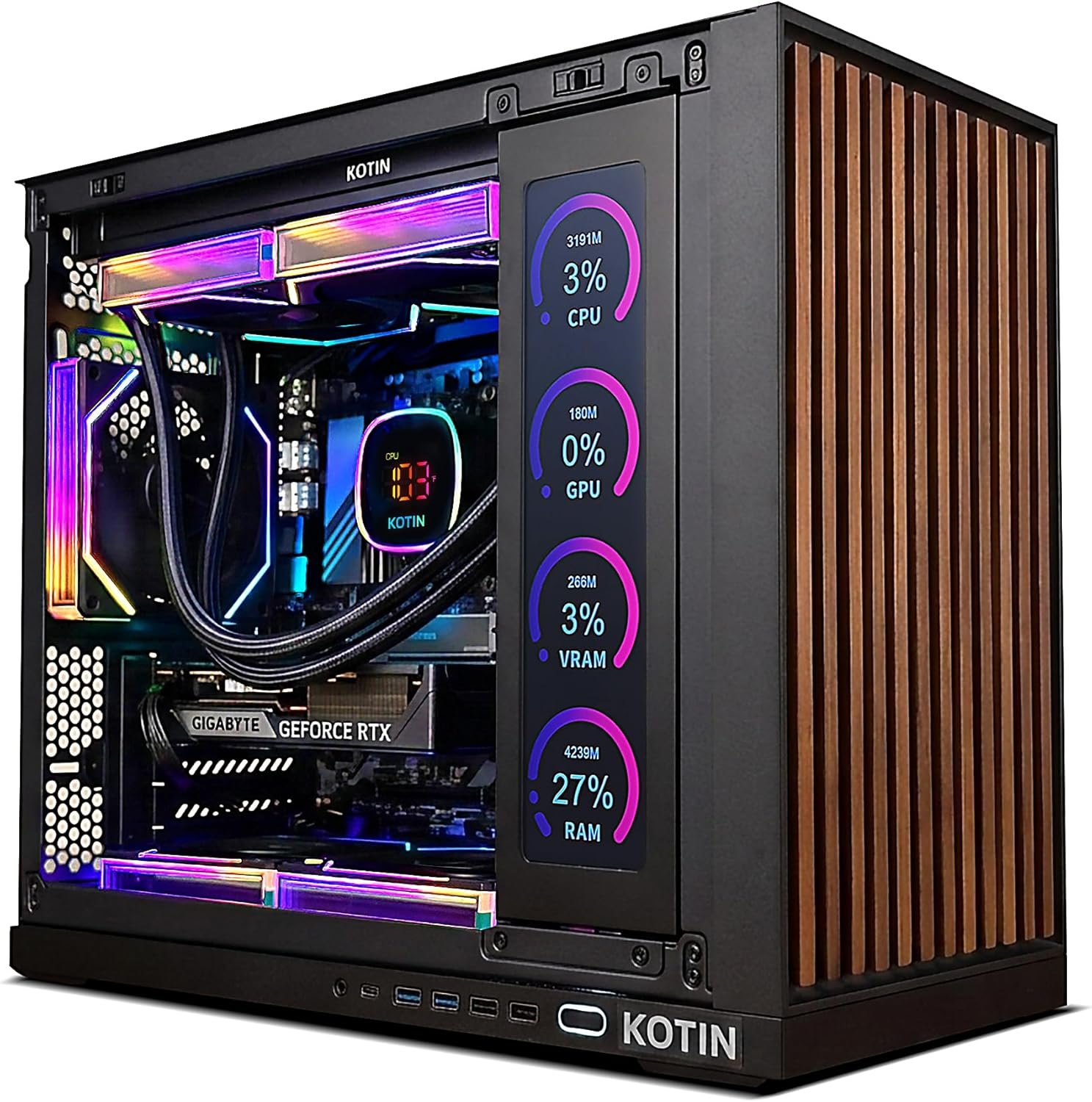 KOTIN Prebuilt Gaming PC Desktop Computer, Ryzen 7 9700X, GeForce RTX 5060 8GB, 32GB DDR5 6000MHz, 1TB PCIe 4.0 SSD, 11.3″ Display, 360mm Liquid Cooler, WiFi 7, Windows 11 Home, ARGB Gaming Tower G60B