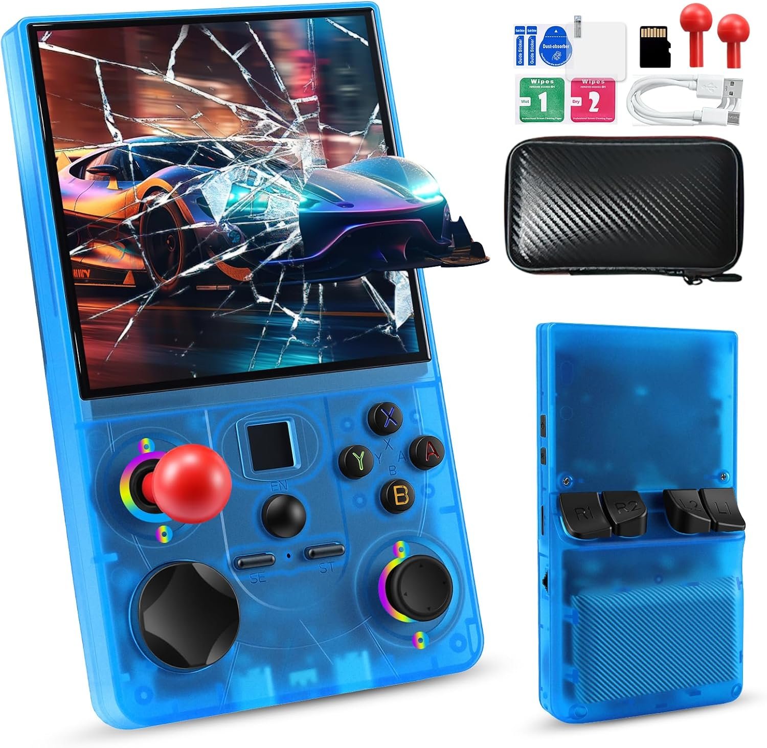 DC40V Retro Handheld Game Console – 4.0 Inch Retro Gaming Console with Preloaded 20,000+ Classic Games, Open Source Linux System, 64G TF Card, Portable Pocket Hand Held Video Game (Transparent Blue)