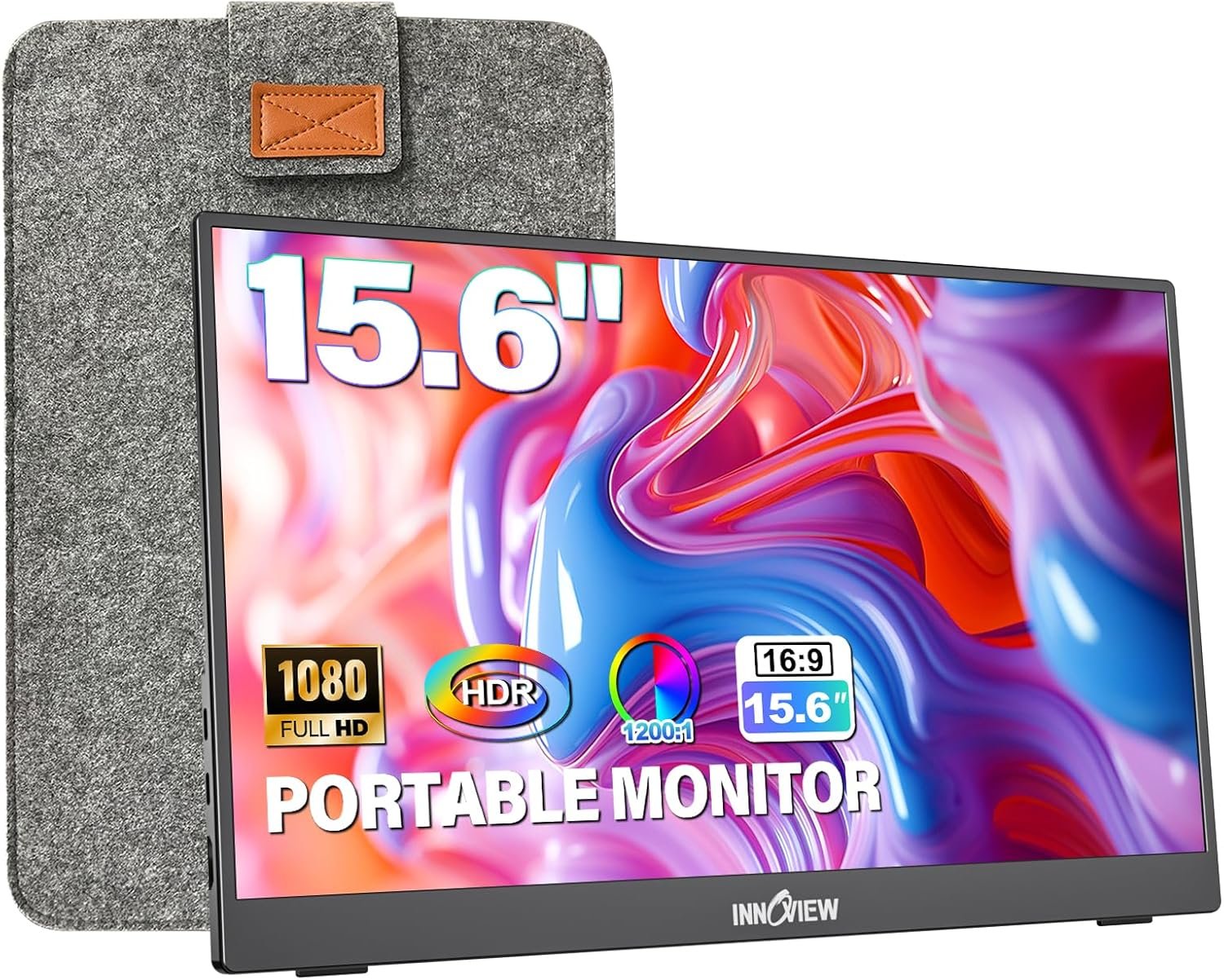 InnoView Portable Monitor 15.6″ 1080P for Laptop with Protective Sleeve, Built-in 90° Adjustable Stand USB C HDMI Ultra-Slim Portable Laptop Monitor for MacBook Phone PS Xbox Switch