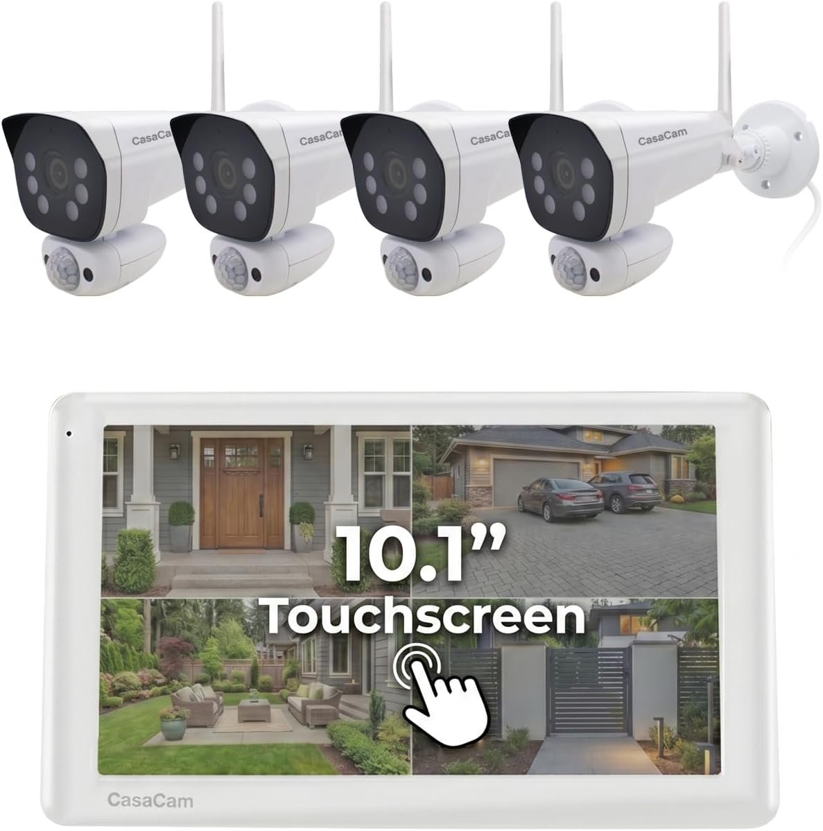 CasaCam Wireless Security Camera System Pro | 10.1” Touchscreen Monitor, 4 2K Floodlight Cameras | Indoor/Outdoor, No Monthly Fees, AI Detection, 2-Way Audio, 64GB SD Card, Model VS6104-64